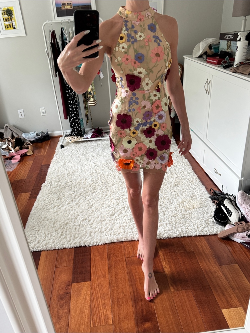 Entro Floral Appliqué Halter Mini Dress in Neutral Beige